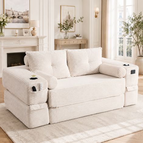 Divano letto 180/198 cm in velluto a coste beige con portabicchieri, tasche laterali e cuscini in memory (1/5)