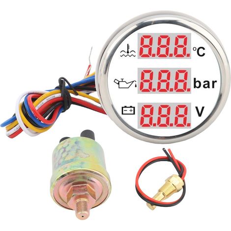SIXRUN Kit di sensori per strumenti da 3 pollici in 1, temperatura del liquido di raffreddamento del motore, temperatura dell'olio, pressione, indicatore di tensione 12V per barca ALERT DIGITAL 52 (co (1/5)