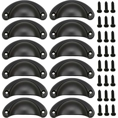 12 Pièces Poignée de Porte Coquille, Rétro Poignées de Porte, Poignées de Meubles Traditionnelles en Demi Lune Avec Vis, pour Tiroir, Armoire, Commode (Noir) (1/4)