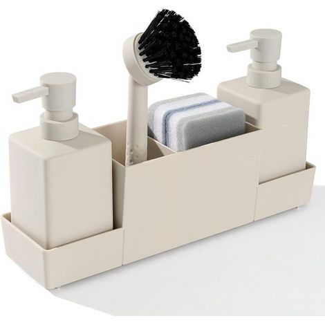 Küchenseifenspender mit Schwammhalter für die Spüle, Spender für Flüssigseife und Geschirrseife mit Bürste, Mattbeige