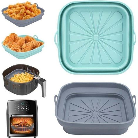 2 Pièces Moule Silicone Air Fryer, Panier Moule pour Friteuse à Air Chaud Réutilisable Airfryer Pot Plat Carré Pliable Doublure Liner pour Friteuse Air, Micro-ondes, Four (Bleu+Gris) (1/4)