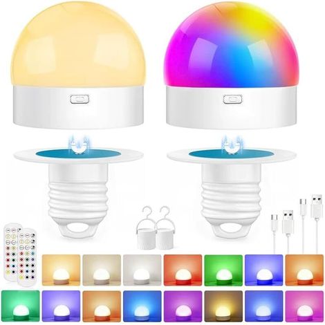 Ampoule Rechargeable Avec Télécommande, Culot E27 LED RGB à Intelligente à Intensité Variable, Minuterie, 15 Couleurs, Base Magnétique, Usage Domestique, Lampe de Secours Avec Crochet, lot de 2 (1/5)