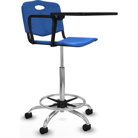 Taburete Robledo giratorio plástico azul brazo con pala diestros base cromada ruedas nailon 50mm