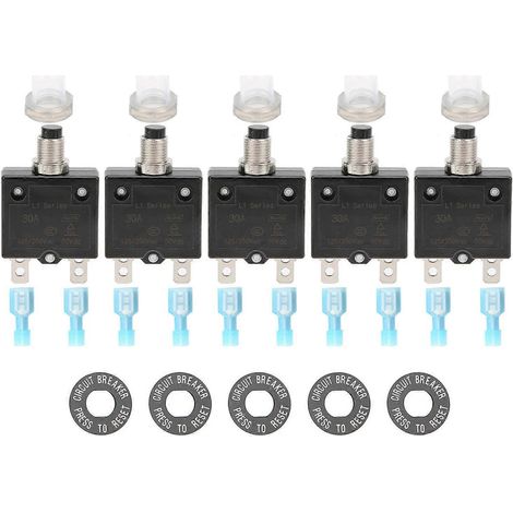 25 disjoncteurs thermiques 30 A, 125-250 V CA, 50 V CC, avec bornes à connexion rapide et bouton étanche (1/4)