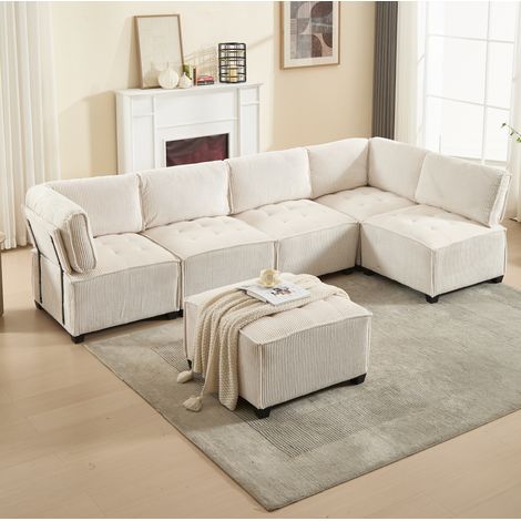 Sofá modular 308x154x81.99 cm beige en pana con estructura de madera y metal y almacenamiento lateral (1/5)