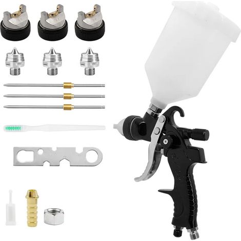 Pistolet à peinture pneumatique haute atomisation, trois calibres (1,4, 1,7, 2,0 mm), avec flacon de peinture blanche de 600 ml. (1/4)