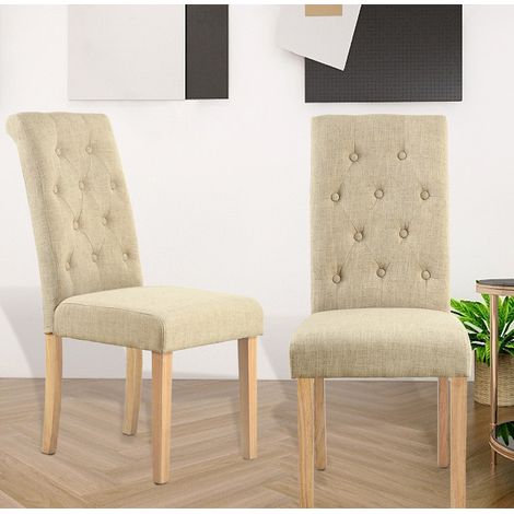 Hallowood Furniture Premium Roll Top Linen Cream Fabric Dining Chairs Set of 2 with Solid Wooden Legs, Modern Buttoned Kitchen Neutral Dining Chairs, Home, Restaurant and Café (1/5)