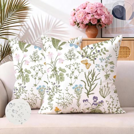 Lot de 2 Housse de Coussin Décorative Lin Extérieur Imperméable 40x40 cm Taie d'oreiller Flowers Coussin Decoratif Canape Salon Aesthetic Décoration Maison pour Jardin Sofa Chaise (1/4)