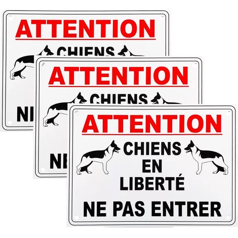Pack 3 panneaux extérieurs 'ATTENTION CHIENS EN LIBERTÉ NE PAS ENTRER' - PVC résistant (format A4) (1/3)