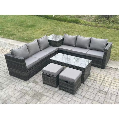 Fimous 8 Seater Rattan Corner Sofa Set With Square Side Table And Oblong Rectangular Coffee Tea Table 2 Stools Dark Grey Mixed (1/4)