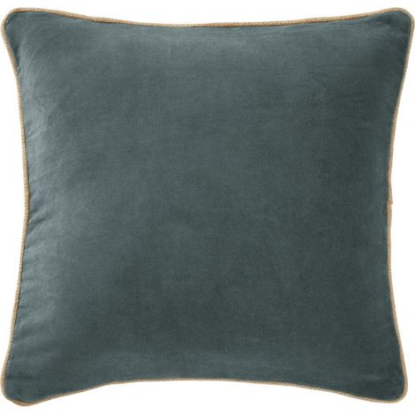 Coussin 45 x 45 cm velours de coton bleu canard et jute - MIRABEL (1/5)