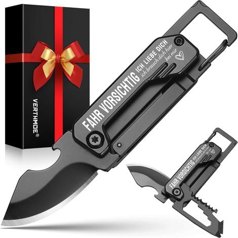 Multitool Klappmesser mit Schlüsselanhänger & Gravur "Fahr Vorsichtig"