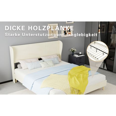 Lit tapissé 160/200 cm beige en tissu et métal avec matelas inclus (1/5)