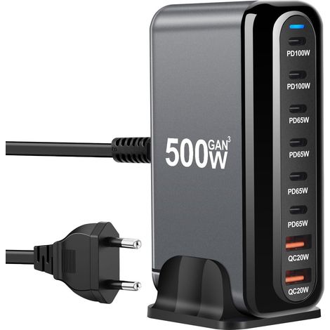 500 W, 8 Port USB, Quick Charge USB Charger for Macbook Pro/Air,Ipad Pro/Air,Sumsung, Black