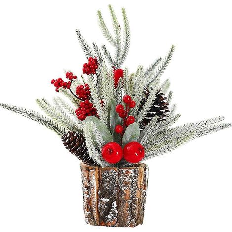 35 cm großer Tisch-Weihnachtsbaum-Rinden-Holzfass-Dekoration, künstlicher Blumenstrauß, Ornament für Zuhause, Hotel usw.