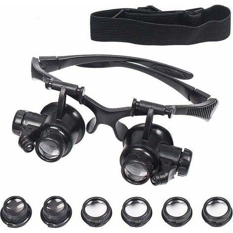 Grossissante avec Éclairage LED, Loupe de tête à LED, Lunette de Précision avec 4 Lentilles Amovibles, pour Lecture Bijoutier Couture Bricolage, Grossissements de 10X 15X 20X 25X (1/4)