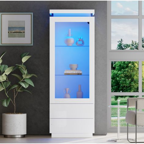 Vitrine haute 60x40x171 cm blanche avec 2 tiroirs, porte acrylique et LED, REDOM (1/5)