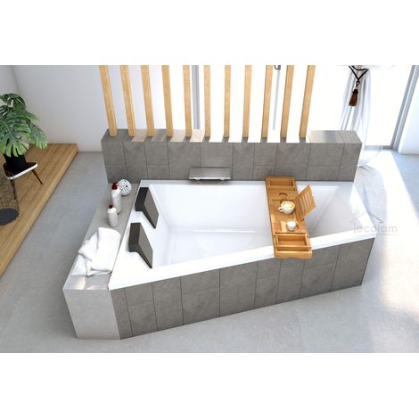 ECOLAM® Badewanne Eckbadewanne 180x125 cm LINKS  Intima Duo Eckwanne für Zwei Ablage Bambus + 2x Kopfstütze Ablaufgarnitur Füße Silikon - PERFEKT FÜR ZWEI PERSONEN