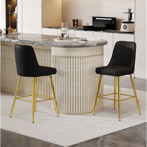 Set di 2 sgabelli da bar in PU nero e metallo oro, con schienale confortevole e poggiapiedi, H 100 cm,42×45×100cm (1/5)