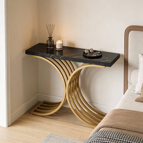 Mesa consola de entrada 100 x 30 x 80 cm, tablero efecto mármol y estructura metálica dorada HAVRYA (1/5)