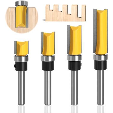 Flush Trim Router Bits, 4 Pieces, 6.35mm Shank, Professional Accessories with Ball Bearings, Woodworking Tools, Router Bits