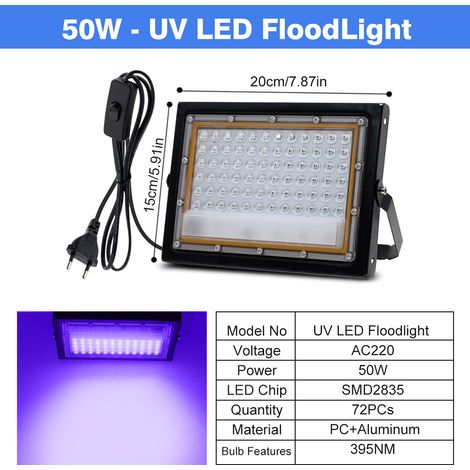 Lumière LED UV 50 W für Neon-Ambiente – Schwarzlichtlampe ohne Hitzeentwicklung, ideal für Partys, Theater, Spezialeffekte und Nachtdekoration – EU-Stecker