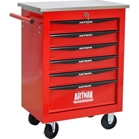 Carro de taller con ruedas - 62,5 x 78 x 34,5 cm - 6 cajones deslizantes y con cierre - Acero resistente - Rojo y negro (1/5)