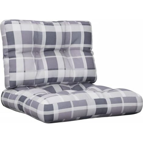 Un ensemble de deux coussins pour plateau, en tissu à carreaux gris. (1/5)