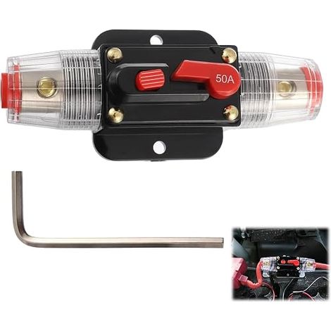 Disjoncteur Interrupteur 50A, 12V à 24V Bouton Réinitialisation Manuelle, Audio Disjoncteur Interrupteur, Vidéo Voiture, Marine, Boat, RV, Système Protection Fusible (1/5)