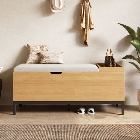 Banquette de rangement 115x40x49,5 cm avec charnières de sécurité, pour entrée, salon et chambre, en MDF, naturel (1/5)