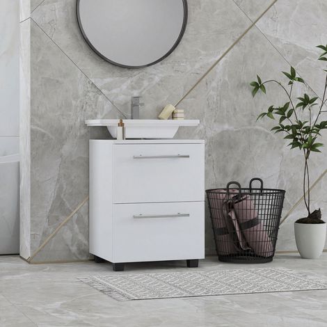 Meuble de salle de bain, vasque avec tiroir, compact, en aggloméré, blanc (1/5)