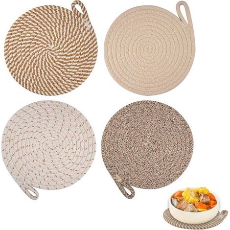 4 Dessous de Plats Résistants à La Chaleur pour Plats Chauds,Dessous de Verre en Coton Tissé,Dessous de Plat en Fil de Coton Ronds (1/4)