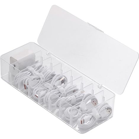 Boîte de rangement de câbles de données : Organiseur transparent pour chargeurs et accessoires électroniques avec 8 compartiments - 25x8x4.5cm - Plastique durable (1/5)