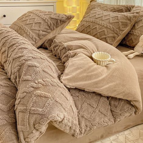 Housse de Couette Flanelle 200x230 cm,Parure de Lit Polaire Chaude Hiver,Comprend 1 Drap 250×230 et 2 Taies d’Oreiller,brun café (1/5)