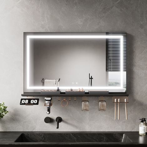 ELEGANT Anti-Fog LED Bathroom Mirror with Storage Shelf, 3 Color Lighting and Adjustable Lighting, 1000×600, 4-Sided Light Strip