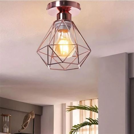 U-Do Plafonnier Industriel Vintage Lampe de Plafonde Cage forme Diamant Mini en Métal Or Rose (1/4)