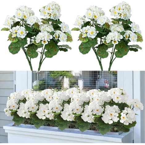 2 Bouquets Géranium, Plastique, Tiges Flexibles, 37cm, Blanc, Extérieur Intérieur (1/5)