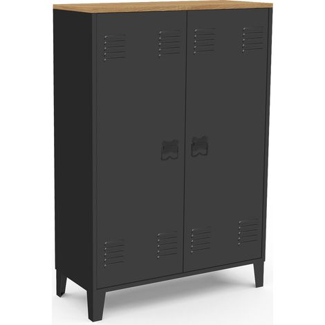 Idmarket – Armoire basse 2 portes métal noir – Plateau bois façon hêtre – Dimensions 75x33x110 cm – Design industriel moderne