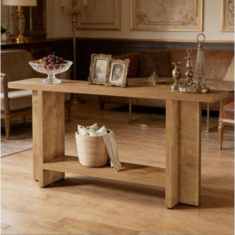 Tavolo consolle a 2 ripiani, 150 x 30 x 80 cm, MDF, marrone OKMYHOME (1/5)