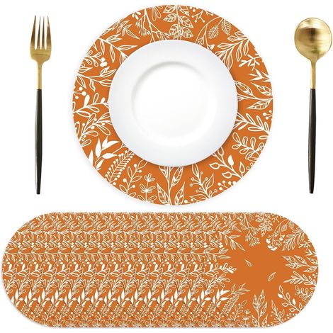 Set mit 10 runden Papier-Tischsets mit orangefarbenem Blattmuster, Ø 34 cm, Einweg, für Herbst-, Party-/Feiertagsdekorationen