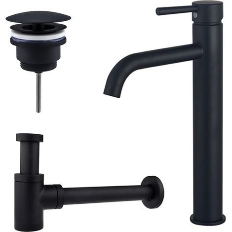 FugaFlow Eccelente Sobrado Kit mitigeur lavabo - robinet rehaussé - bonde non-obturable - siphon design bas - Noir mat (1/4)