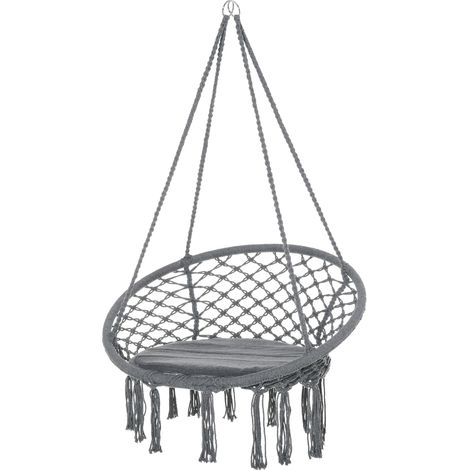 Outsunny Outdoor Cotton-Polyester Blend Macrame Hanging Rope Chair with Cushion, Portable Garden Chair with Fringe Tassels for Patio, Deck, Tree, Grey