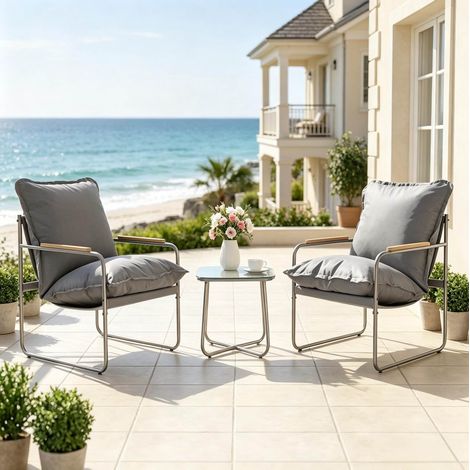 Set di mobili da balcone con tavolino e 2 sedie, cuscini sfoderabili, metallo e vetro, grigio (1/4)