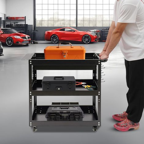 Werkstattwagen 3-Etagen, Rollwagen Werkstatt, Mobiler Rollwagen Metall mit Schublade und Bremsrädern, 250kg Tragkraft für Garage, Lagerhaus und Werkstätten Schwarz (1/5)
