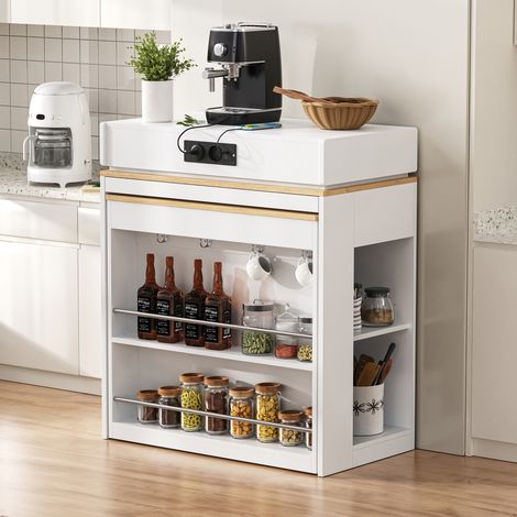 Table de cuisine pliante roulante blanche, table extensible à plateau rabattable avec prises et crochets, îlot multifonction servant de buffet ou bar pour salle à manger.