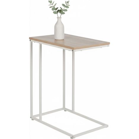 Relaxdays side table, HxWxD: 64 x 50 x 35 cm, MDF, metal, C-shape, coffee table for under sofa, white/natural (1/5)
