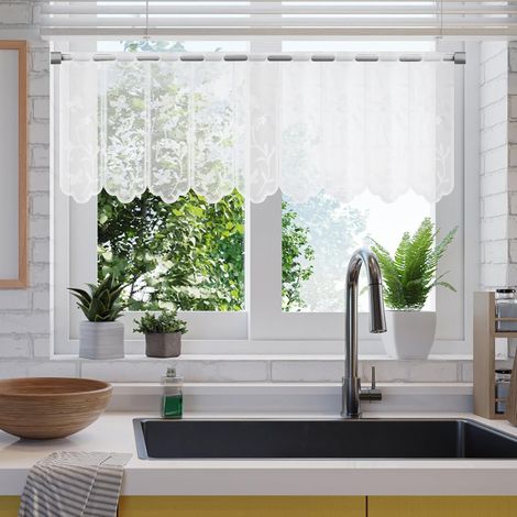 Lot de 2 rideaux brise-bise, rideaux bistro blancs, rideaux modernes, rideaux semi-transparents brodés avec fleurs, rideau court, rideau de fenêtre pour cuisine, salon 135 45 cm (1/5)