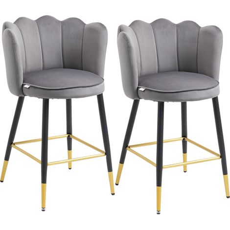 Tabouret de bar velours gris 2 pièces avec repose-pieds, base acier, 59x52x90cm