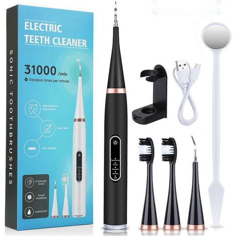 Brosse à dents électrique sonique portable, détartreur, outil de nettoyage en profondeur ultrasonique professionnel, élimination du tartre en toute sécurité à domicile (noir) (1/4)