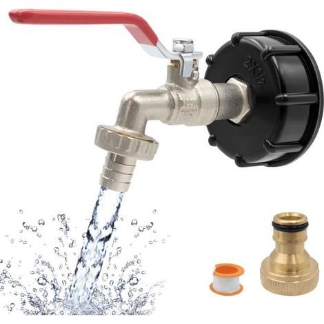 IBC tank adapter with 1/2" threaded fitting, 1000L tank faucet, rainwater collector with outlet and valve.